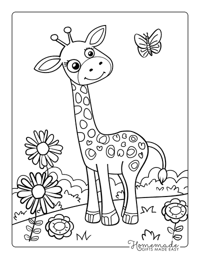 Giraffe Coloring Pages Cute Baby Giraffe and Butterfly