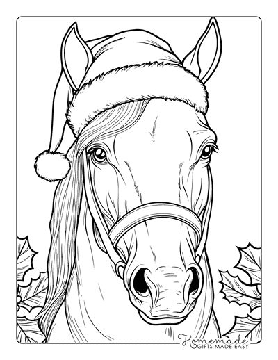 Horse Coloring Pages Realistic Christmas Horse With Santa Hat