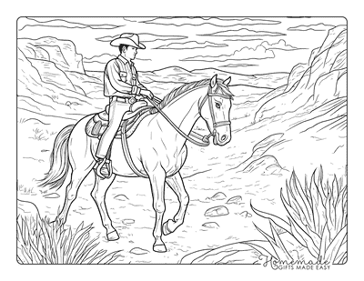 Horse Coloring Pages Realistic Horse With Cowboy in Desert