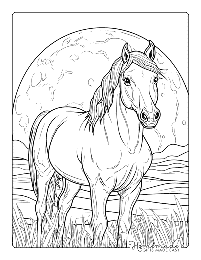 Horse Coloring Pages Realistic Mustang and Moon