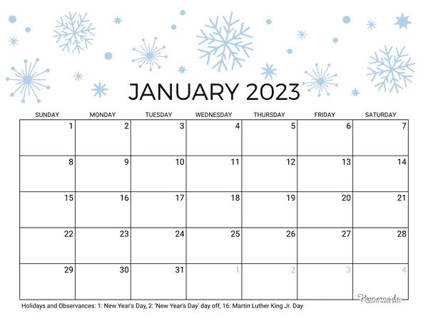 January Calendar 2023 Printable Winter Snowflakes Landscape