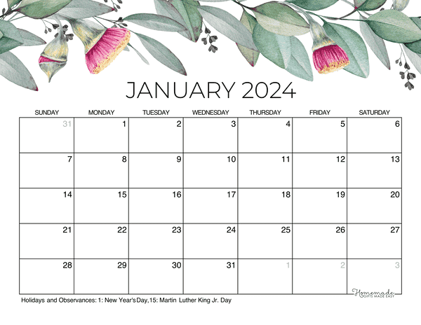 January Calendar 2024 Printable Eucalyptus