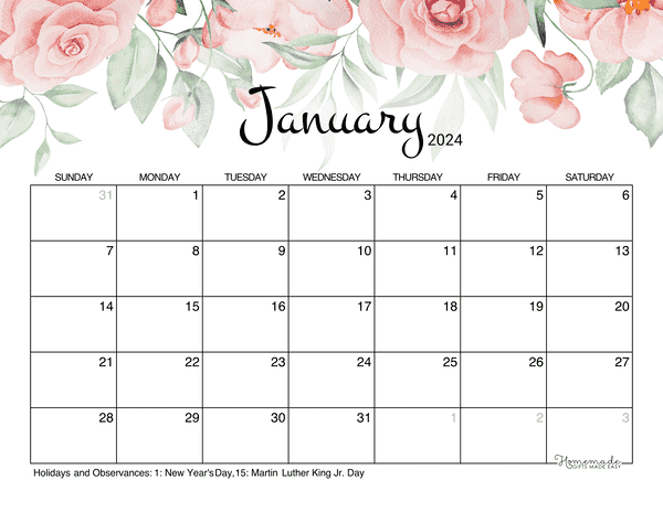 January Calendar 2024 Printable Rose