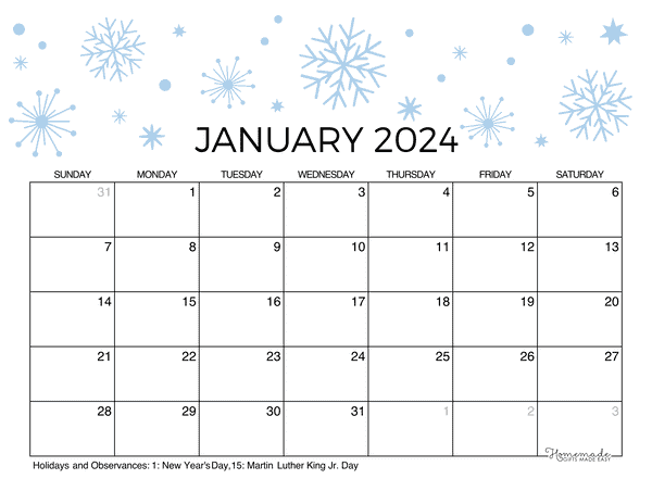 January Calendar 2024 Printable Winter Snowflakes Landscape