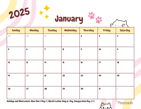 January Calendar 2025 Cute Pastel Cat