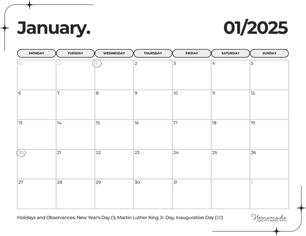 January Calendar 2025 Elegant Minimalist Monday Start