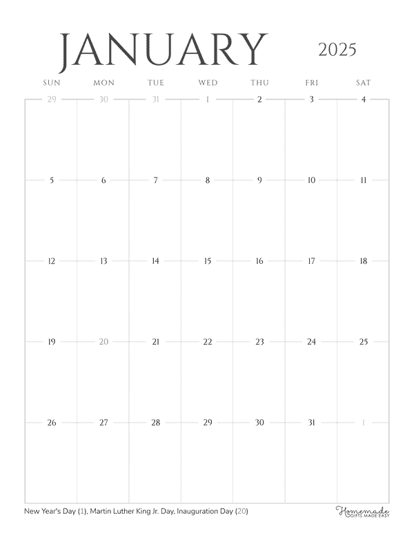 January Calendar 2025 Grayscale Minimalist Portrait