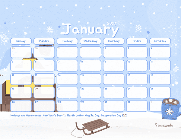 January Calendar 2025 Peaceful Winter Cabin