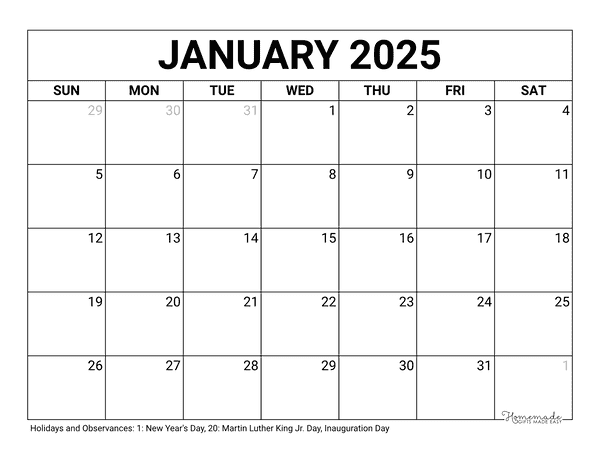 January Calendar 2025 Printable Blank