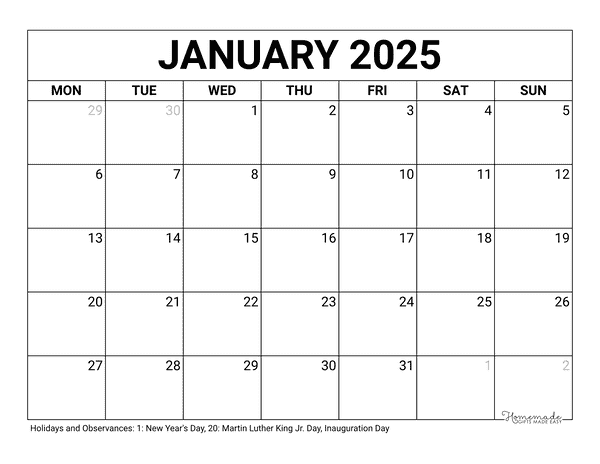 January Calendar 2025 Printable Blank Monday Start