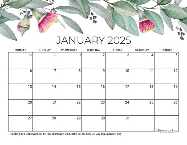 January Calendar 2025 Printable Eucalyptus Monday Start