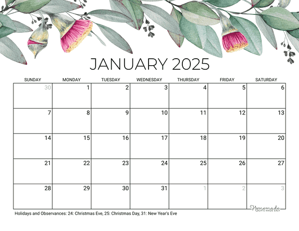 January Calendar 2025 Printable Eucalyptus Monday Start