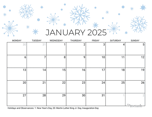 January Calendar 2025 Printable Winter Snowflakes Landscape Monday Start