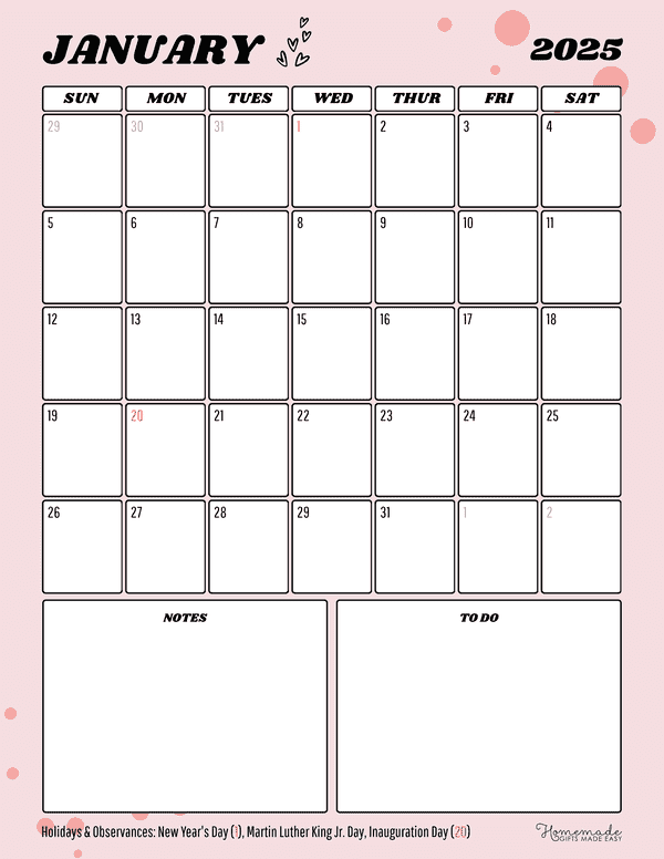 January Calendar 2025 Simple Pink Retro