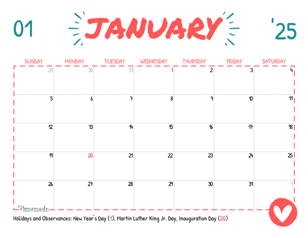 January Calendar 2025 Simple Playful