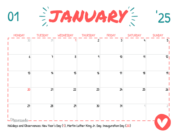 January Calendar 2025 Simple Playful Monday Start