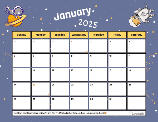 January Calendar 2025 Space Pets