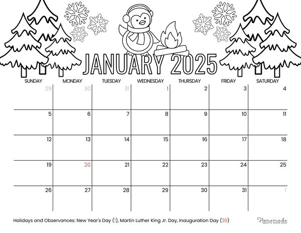 January Calendar 2025 Winter Forest to Color