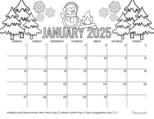 January Calendar 2025 Winter Forest to Color Monday Start