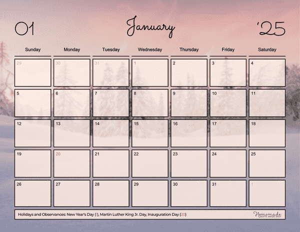 January Calendar 2025 Winter Sunset