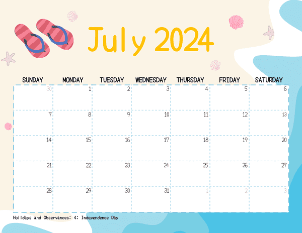 July 2024 Calendars Cute Beach