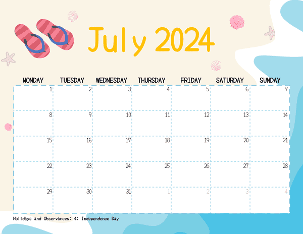 July 2024 Calendars Cute Beach Monday Start