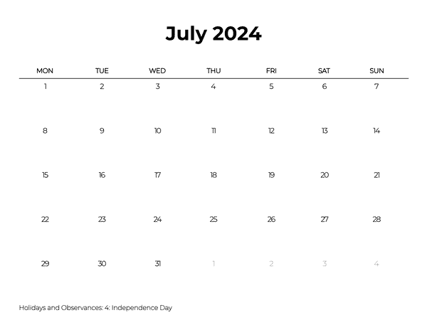 July 2024 Calendars Minimalist Black White Borderless Monday Start