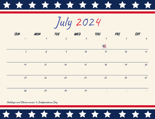 July 2024 Calendars Patriotic Borderless Grid