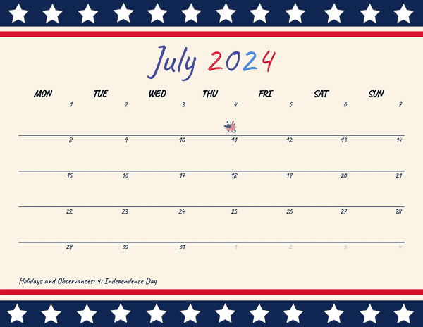 July 2024 Calendars Patriotic Borderless Grid Monday Start