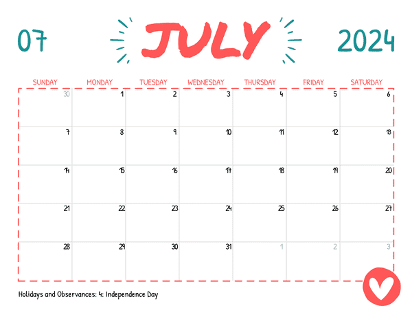 July 2024 Calendars Simple Playful