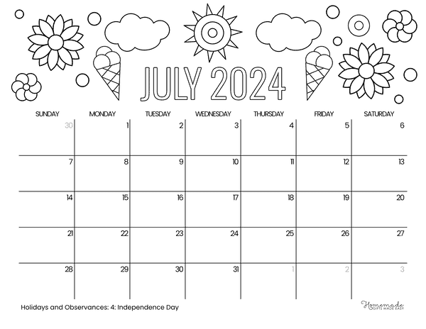 July 2024 Calendars Summertime Theme to Color
