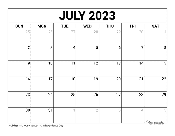 July Calendar 2023 Printable Blank