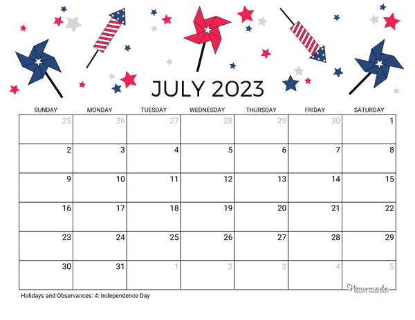 July Calendar 2023 Printable Fourth July Landscape