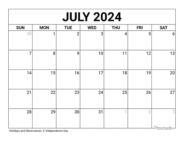 July Calendar 2024 Printable Blank