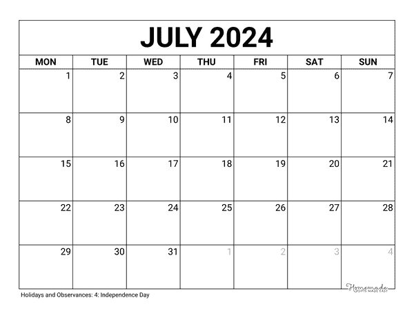 July Calendar 2024 Printable Blank Monday Start