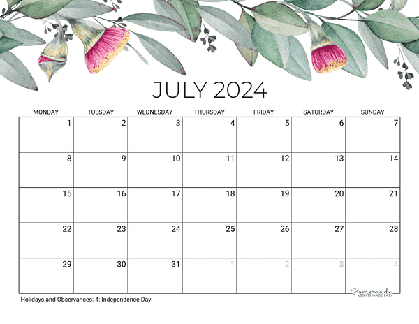 July Calendar 2024 Printable Eucalyptus Monday Start