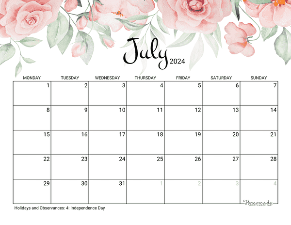 July Calendar 2024 Printable Rose Monday Start