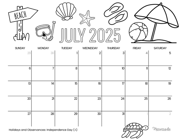 July Calendar 2025 Beach Day to Color