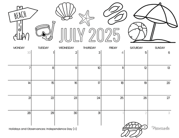 July Calendar 2025 Beach Day to Color Monday Start