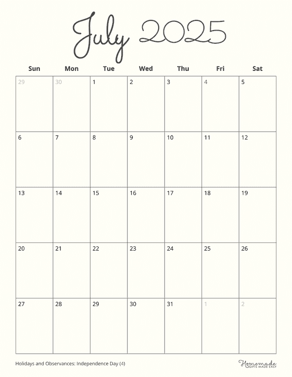 July Calendar 2025 Beige Eloquent Minimalism