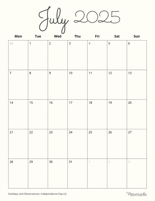 July Calendar 2025 Beige Eloquent Minimalism Monday Start