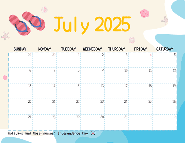 July Calendar 2025 Cute Beach