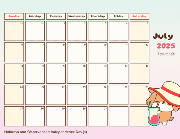 July Calendar 2025 Cute Summer Dog