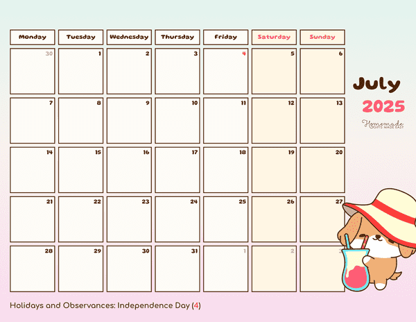 July Calendar 2025 Cute Summer Dog Monday Start