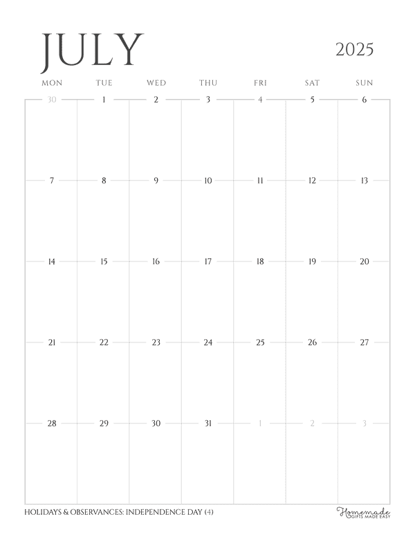 July Calendar 2025 Grayscale Minimalist Portrait Mon Start