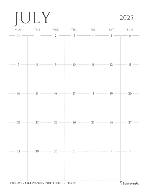 July Calendar 2025 Grayscale Minimalist Portrait Mon Start