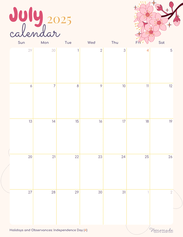 July Calendar 2025 Pink Flowery Feminine