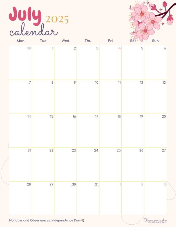 July Calendar 2025 Pink Flowery Feminine Monday Start