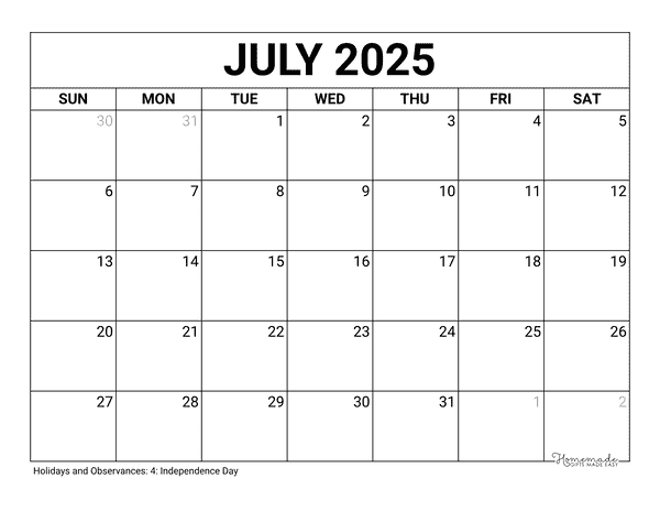 July Calendar 2025 Printable Blank