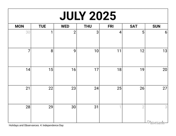 July Calendar 2025 Printable Blank Monday Start